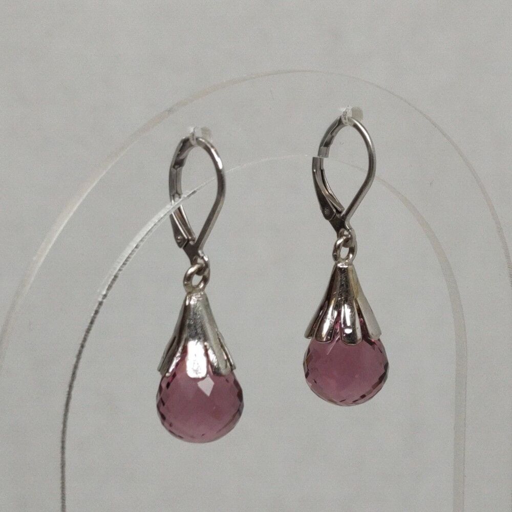 Silver Tone Metal Purple Pink Glass Faceted Stone Teardrop Drop Fashion Earrings - Picture 7 of 14